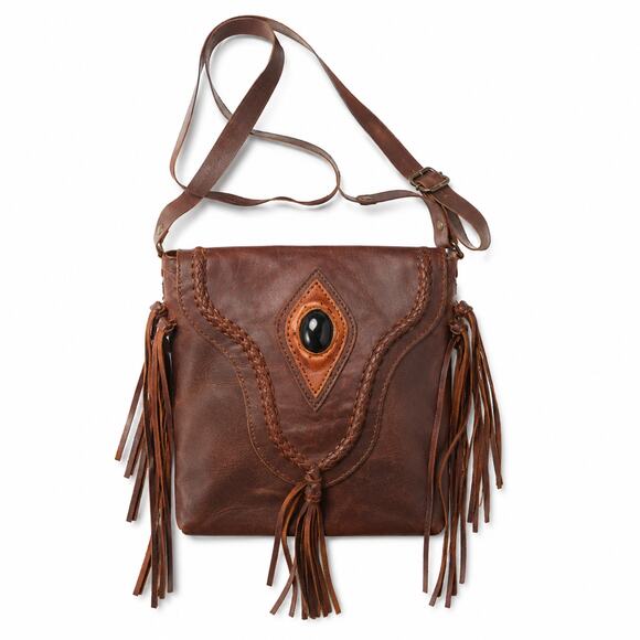 unknown Handbags - Handmade Brown Leather Fringe Crossbody Bag Braided Stone Boho Western